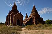 The cluster of red brick temples, named Khay-min-gha on the map on the North plain of Bagan. Myanmar. 